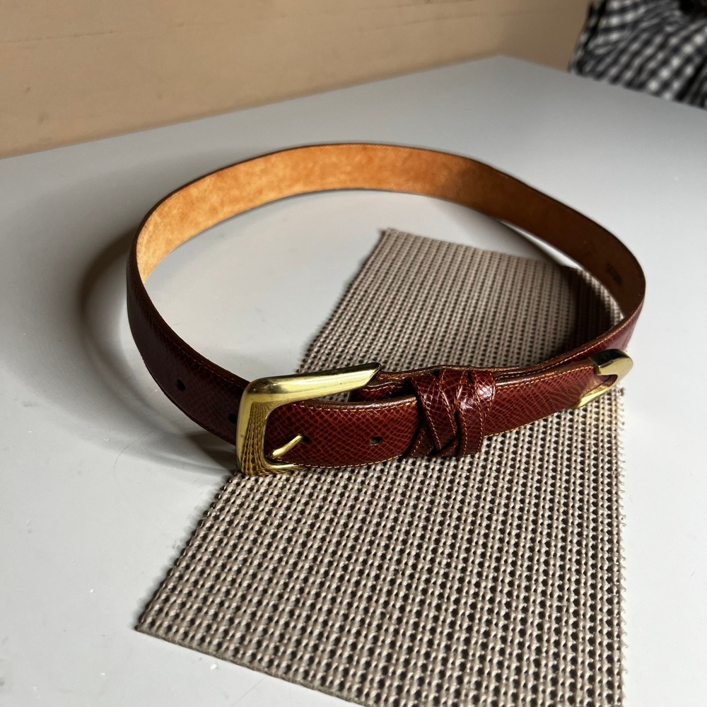 Brighton Cognac Brown Lizard Embossed Leather Belt Gold Buckle Size L